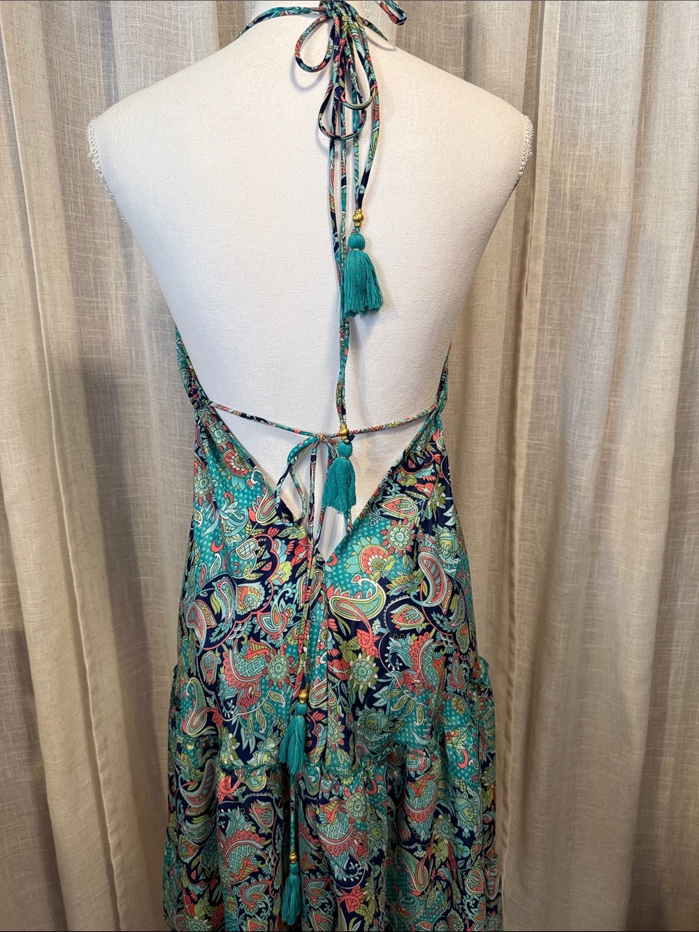 NWT - Zury Silk Blend Paisley Halter Dress Tassel Tie Open Back Boho Resort - Picture 5 of 12